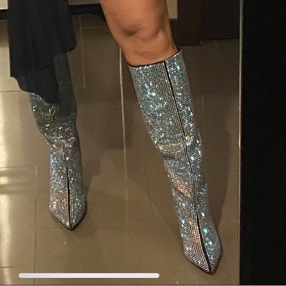 Handmade gem covered knee high boots